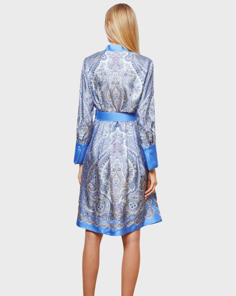 SILK BUTTON FRONT COLLARLESS DRESS WITH BELT PRINT: PAISLEY: BLUE