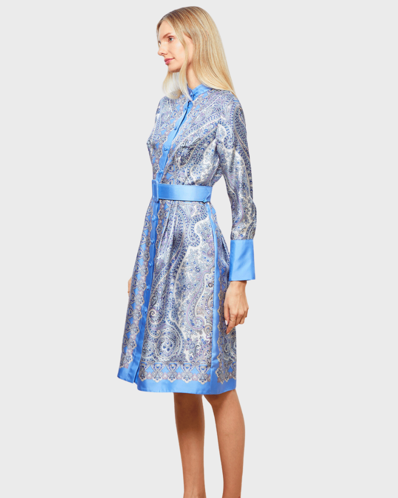 SILK BUTTON FRONT COLLARLESS DRESS WITH BELT PRINT: PAISLEY: BLUE