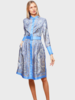 SILK BUTTON FRONT COLLARLESS DRESS WITH BELT PRINT: PAISLEY: BLUE
