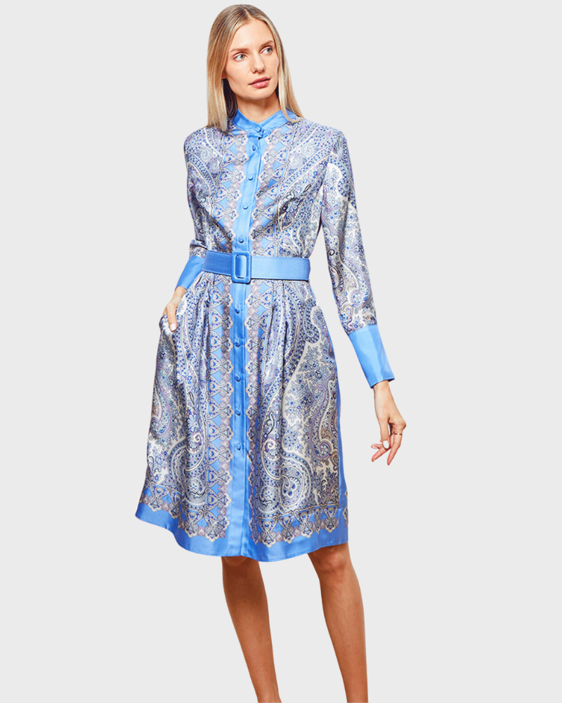 SILK BUTTON FRONT COLLARLESS DRESS WITH BELT PRINT: PAISLEY: BLUE