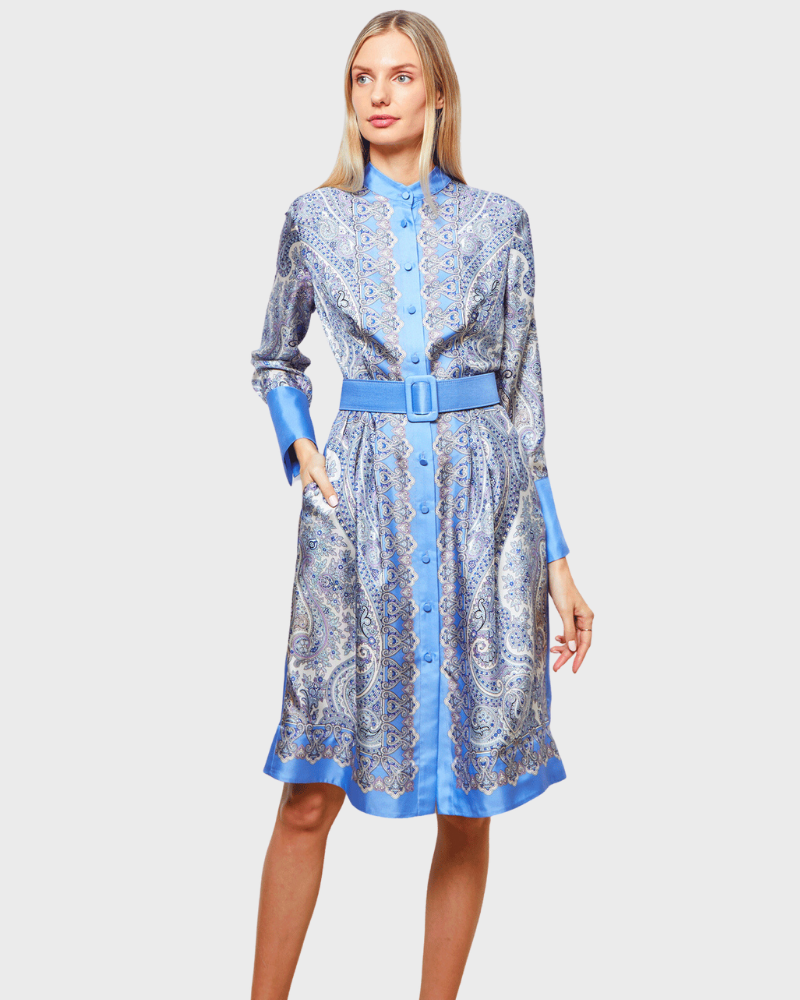 SILK BUTTON FRONT COLLARLESS DRESS WITH BELT PRINT: PAISLEY: BLUE