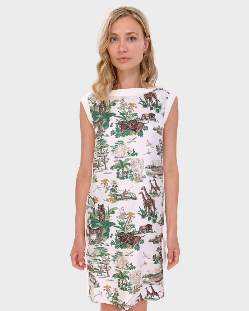 PRINTED SILK-COTTON KNIT SLEEVELESS DRESS: SAFARI-IVORY