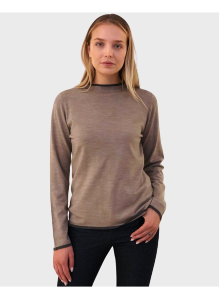 SUPERFINE RUFFLE NECK TWO-TONE SWEATER: TAUPE-CHARCOAL