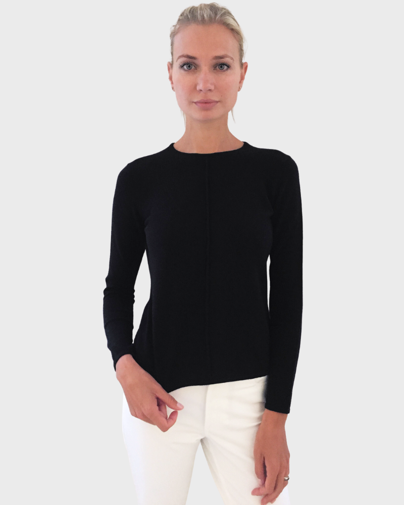 LS KNITTED CREW WITH CENTER PIPING: BLACK