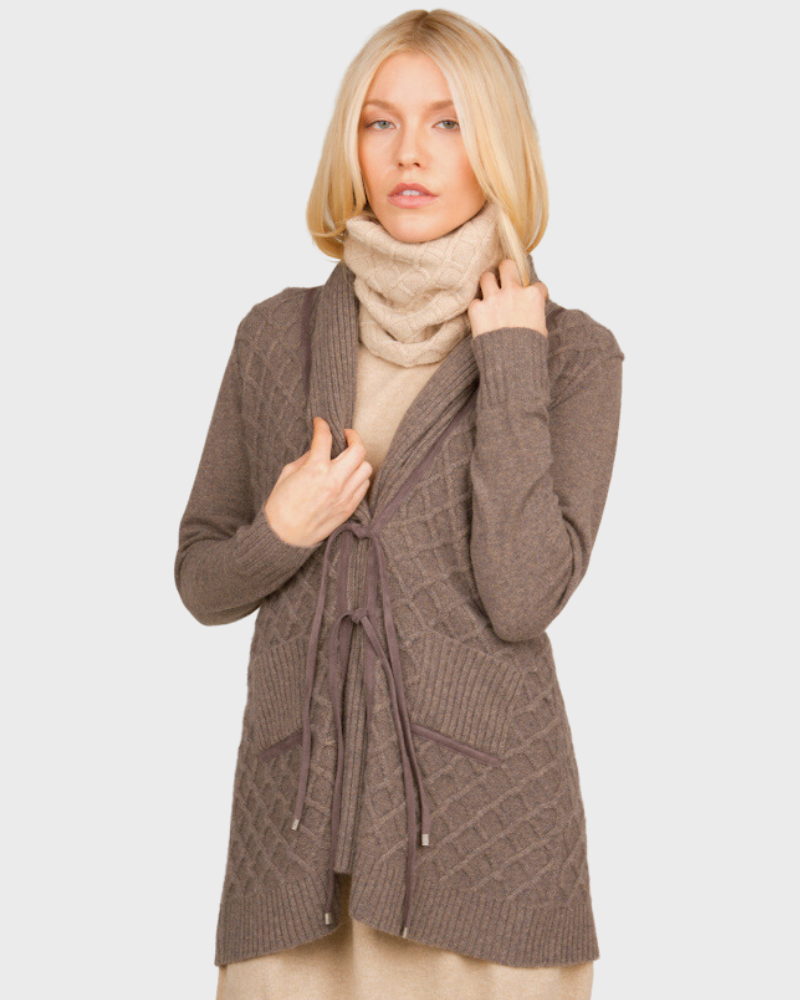 LATTICE DETAIL CARDIGAN: 100% CASHMERE: CHOCOLATE