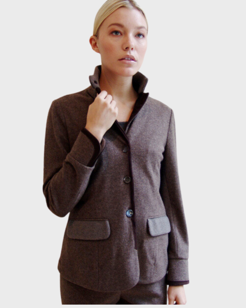 RIDING JACKET WITH SUEDE TRIM: CASHMERE WOOL JERSEY: BROWN