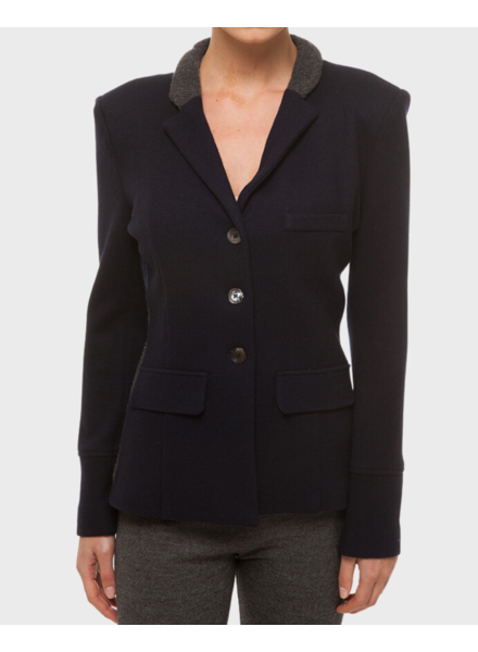 FABRIC AND KNIT BLAZER: NAVY-GRAY