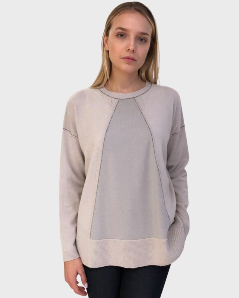 CASHMERE CREW NECK WITH CONTRASTING DETAILS: SAND-IVORY