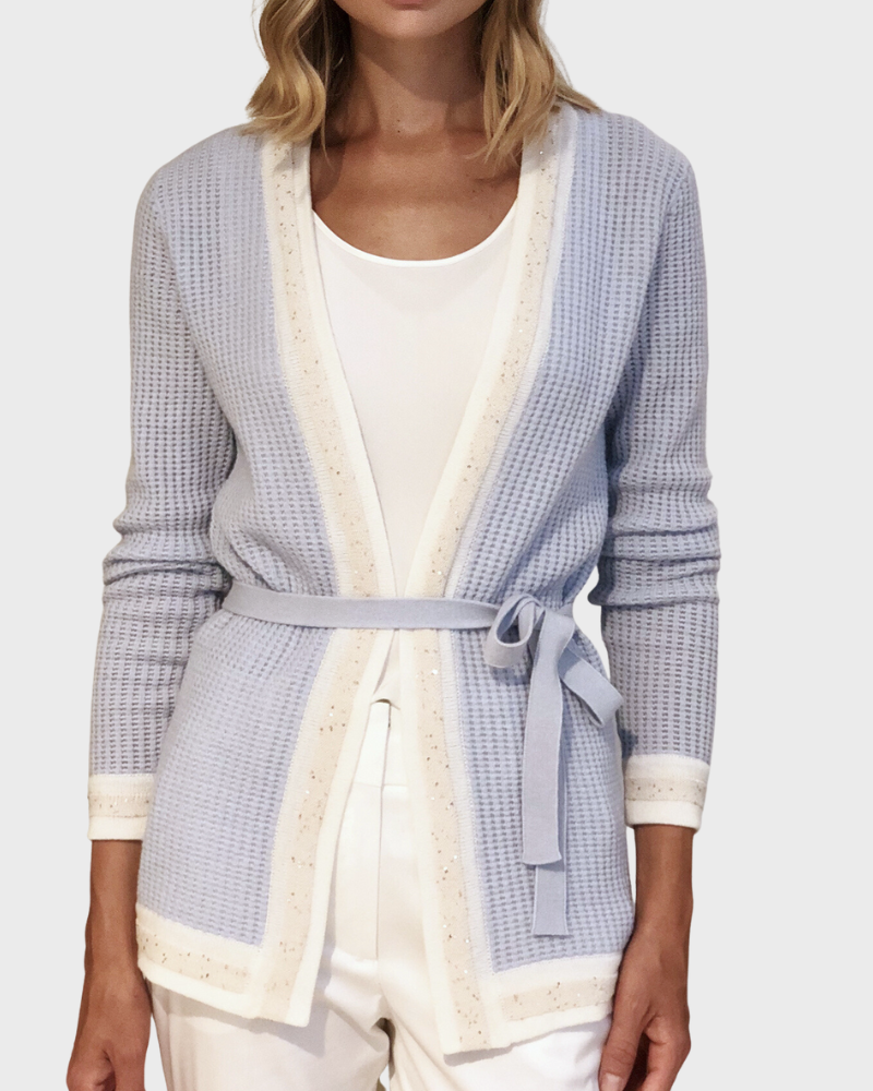 CASHMERE OPEN CARDIGAN WITH SEQUINS: LIGHT BLUE-IVORY