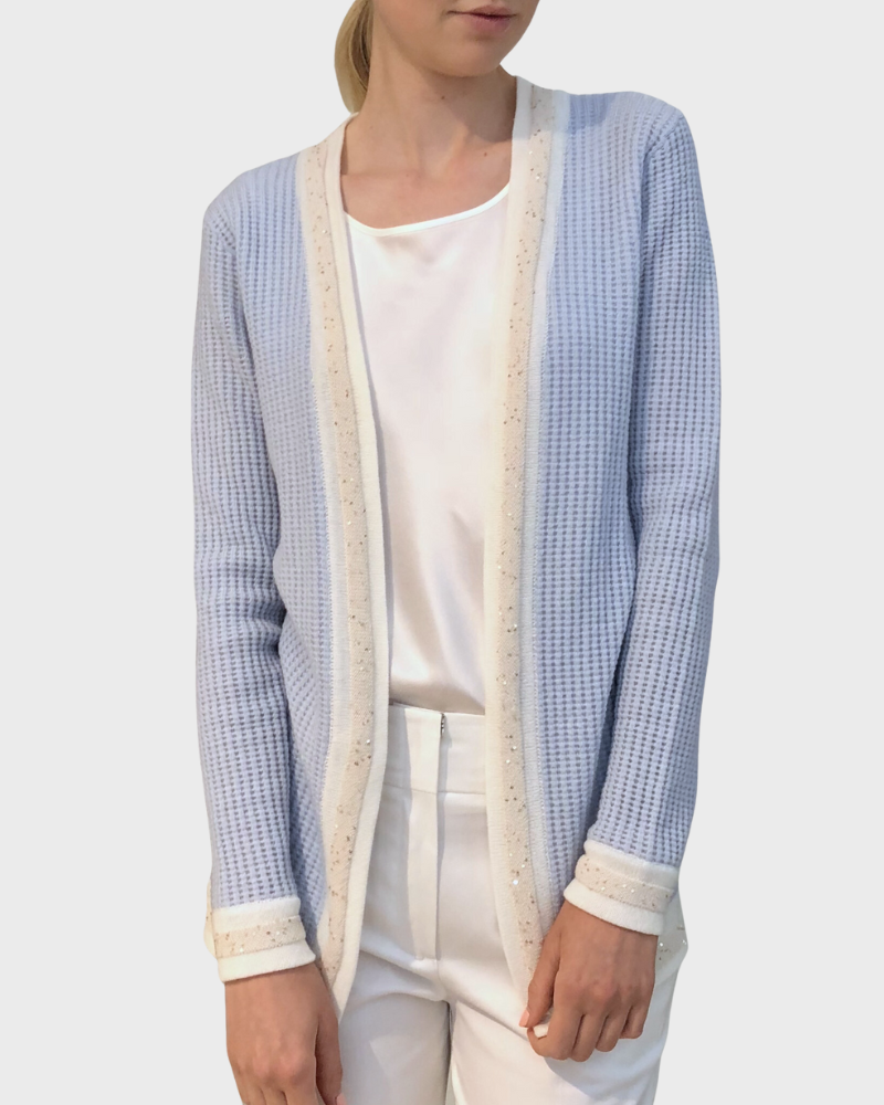 CASHMERE OPEN CARDIGAN WITH SEQUINS: LIGHT BLUE-IVORY