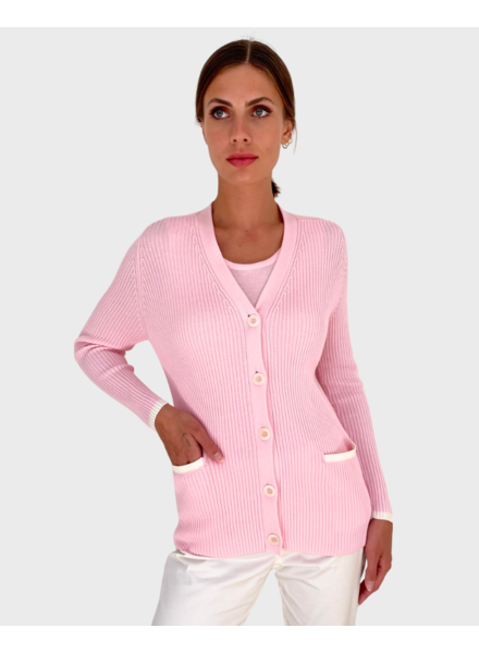 ORGANIC COTTON  RIBBED V-NECK CARDIGAN: PINK