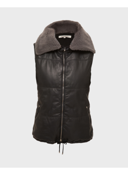 LEATHER VEST WITH DETACHABLE FUR COLLAR, CHARCOAL