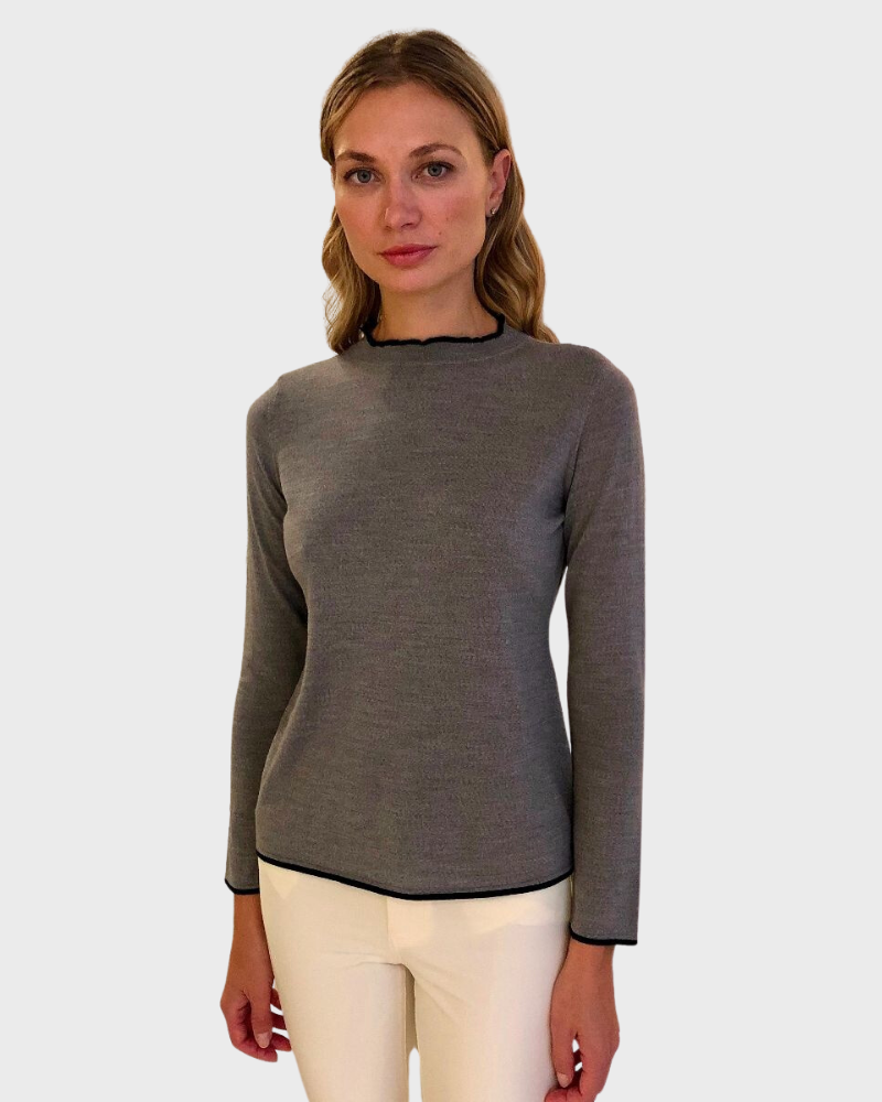 SUPERFINE RUFFLE NECK TWO-TONE SWEATER: GRAY-BLACK