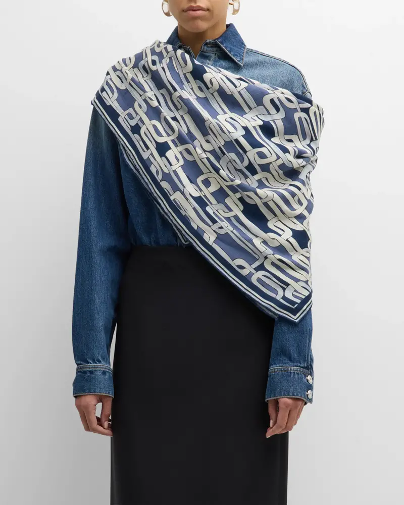 CASHMERE PRINTED SCARF: CHAINS: NAVY