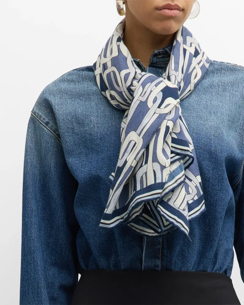 CASHMERE PRINTED SCARF: CHAINS: NAVY