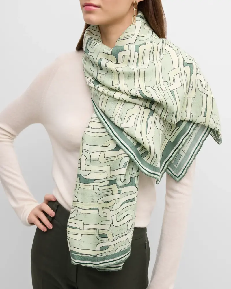 CASHMERE PRINTED SCARF: CHAINS: LIGHT GREEN