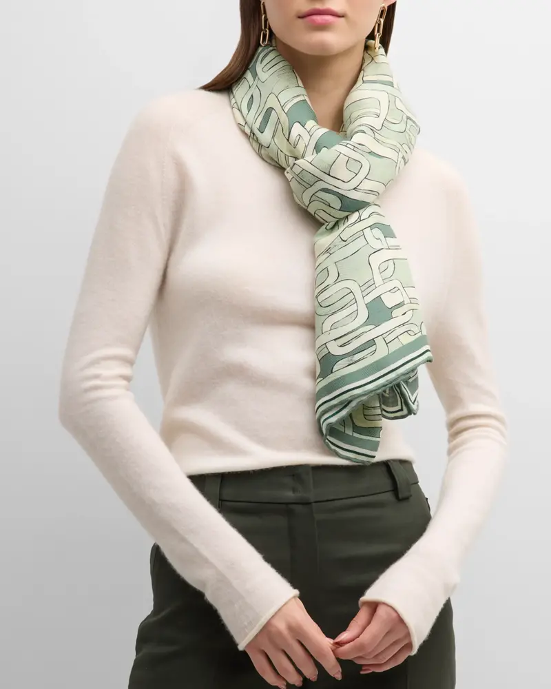 CASHMERE PRINTED SCARF: CHAINS: LIGHT GREEN