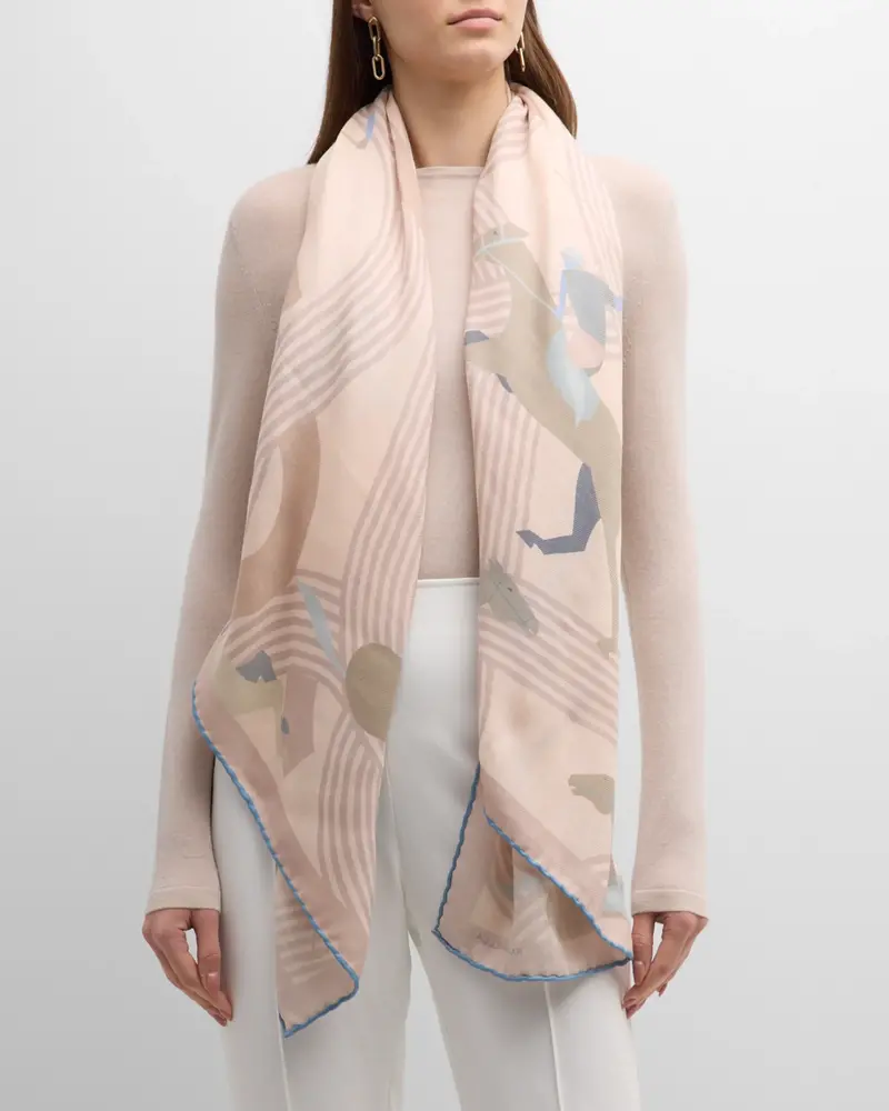 CASHMERE PRINTED PONCHO: POLO PLAYERS: LIGHT PINK