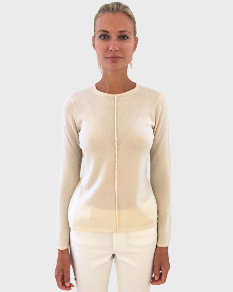 LS KNITTED CREW WITH CENTER PIPING: IVORY