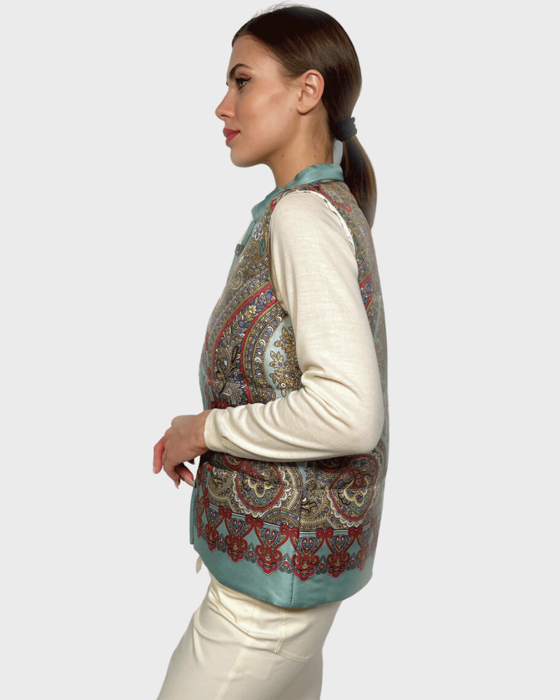 SILK PRINTED VEST: PAISLEY SAGE