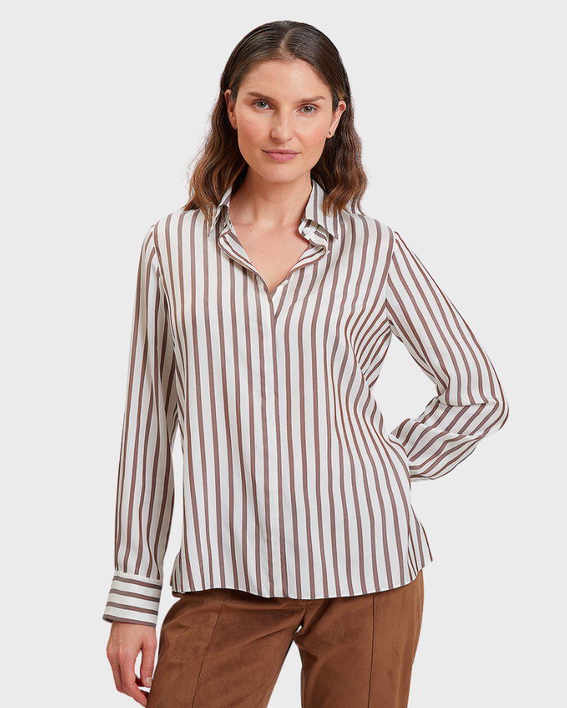 100% SILK COLLAR WITH SIDE SLITS SHIRT: STRIPE: BROWN