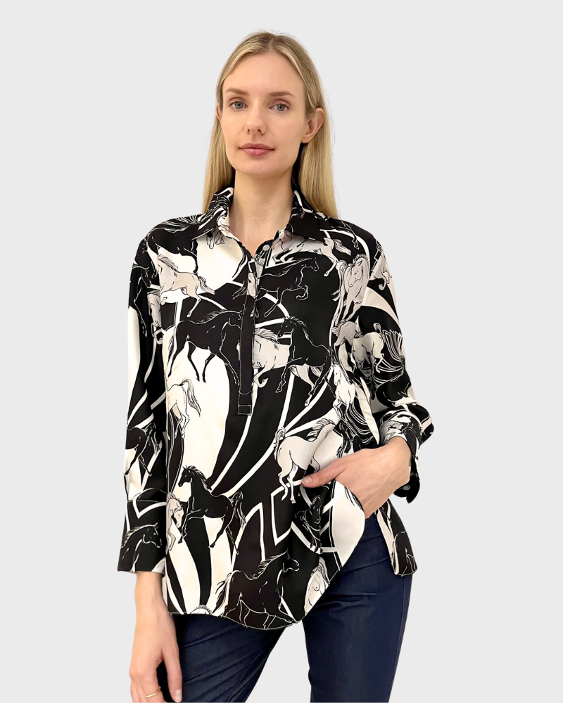 100% SILK PRINTED POP OVER SHIRT: GALLOPING: BLACK