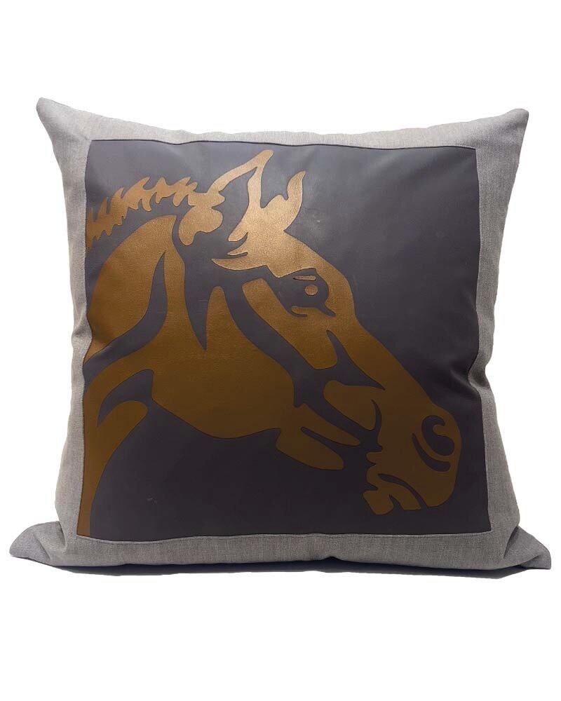 HORSE WOOL-LEATHER PILLOW: 21" X 21": GRAY