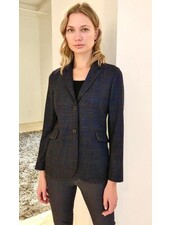 WOOL-SILK-LINE 2 BUTTON BLAZER W/ LEATHER DETAILS: BLUE PLAID