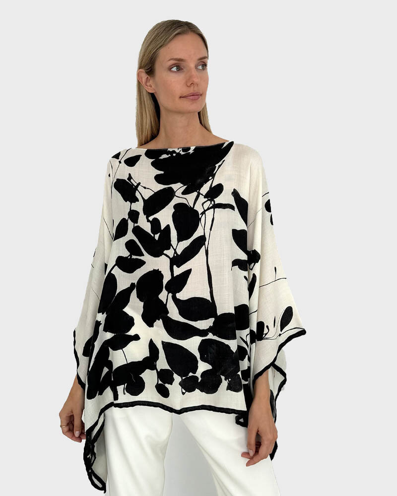 CASHMERE  PRINTED PONCHO: ORTENSIA: BLACK