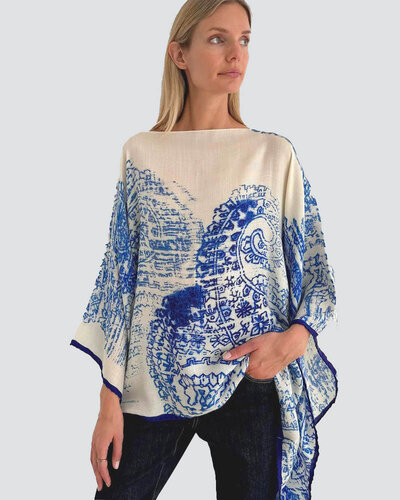 CASHMERE PRINTED PONCHO: PAISLEY: BLUE - RANI ARABELLA