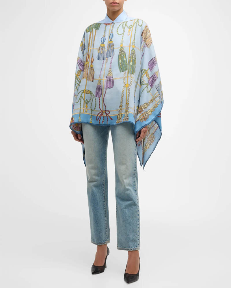 CASHMERE  PRINTED PONCHO: REMINI: LIGHT BLUE