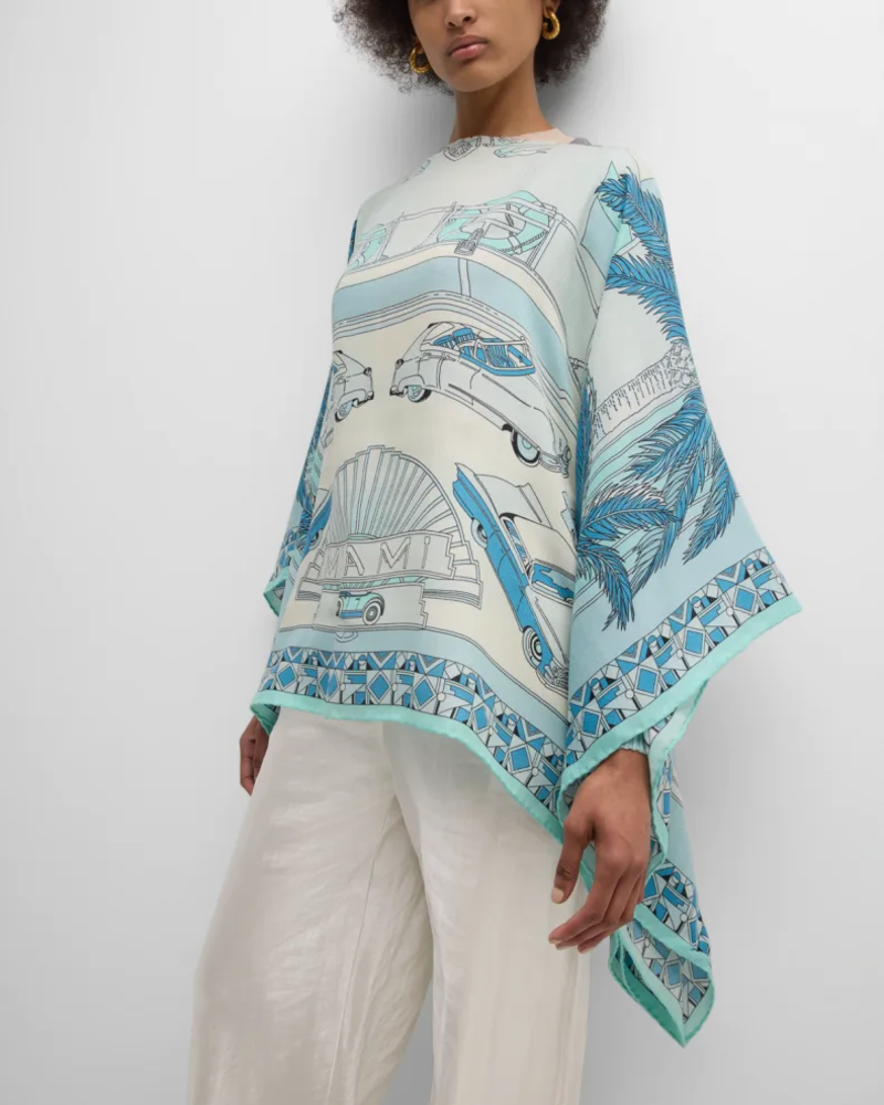 CASHMERE  PRINTED PONCHO: MIAMI: AQUA