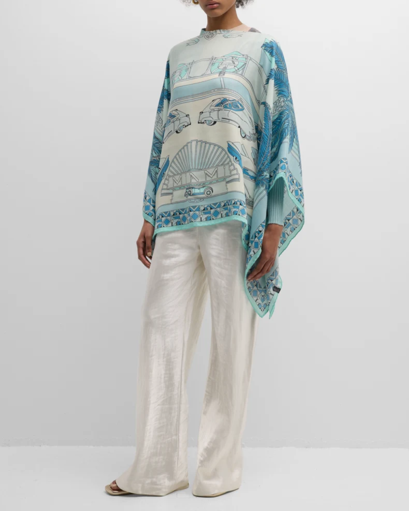 CASHMERE  PRINTED PONCHO: MIAMI: AQUA