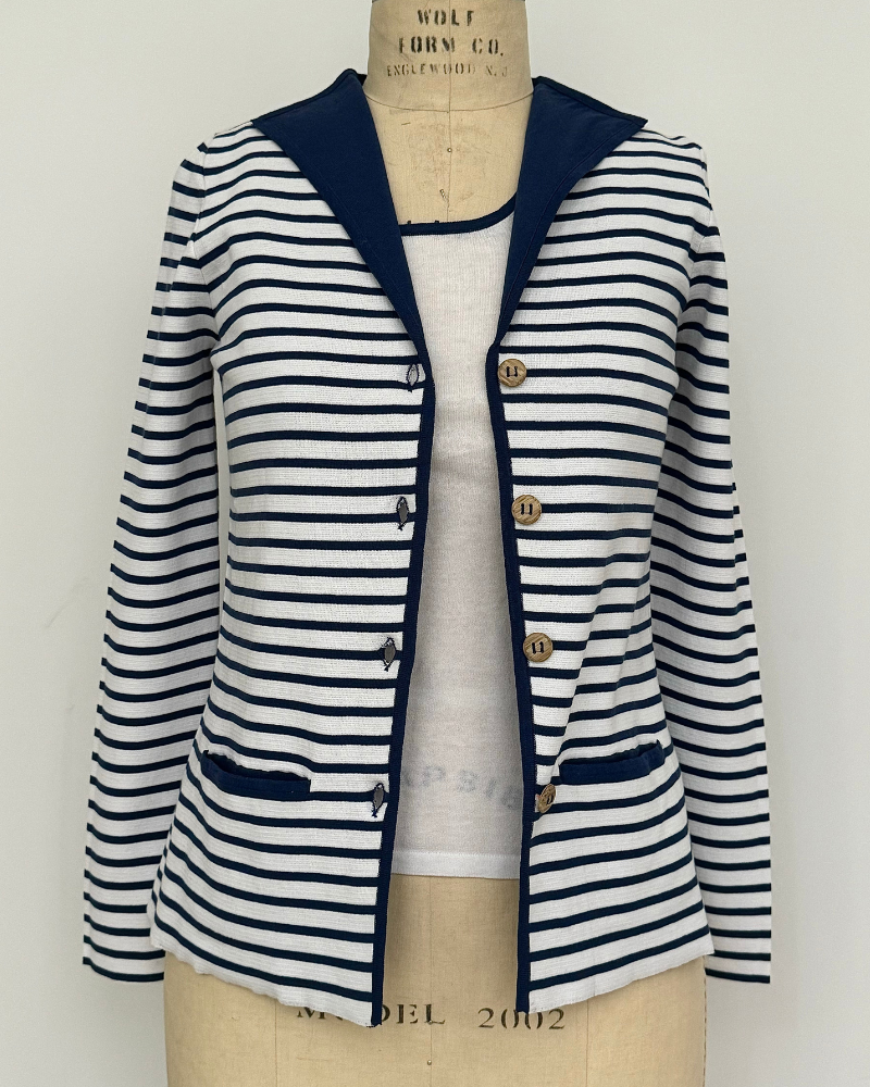 STRIPED COTTON TWIN SET: NAVY-IVORY: JACKET + SHELL