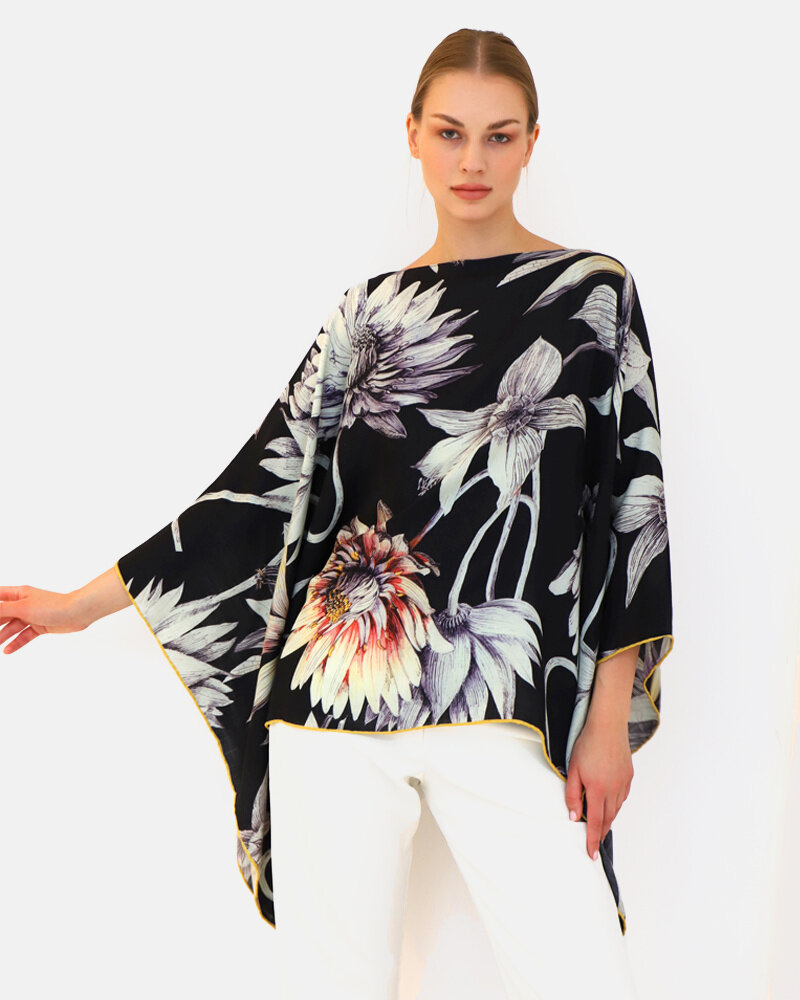 CASHMERE PRINTED PONCHO: DAHLIA: BLACK