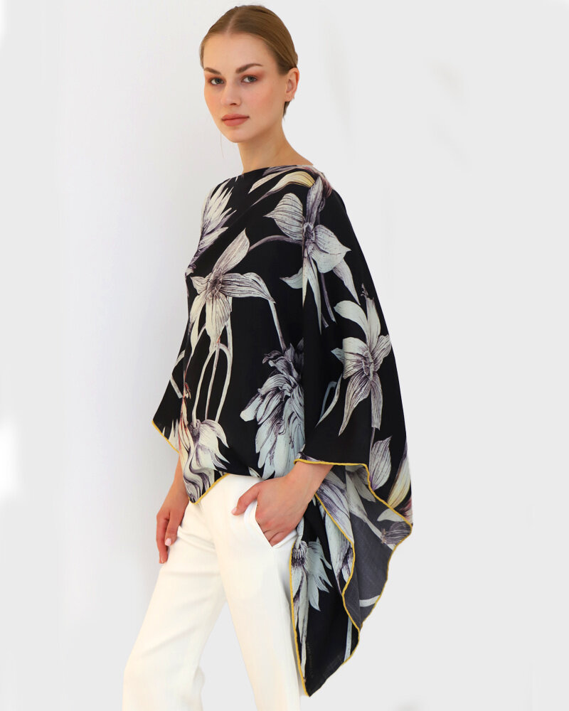 CASHMERE PRINTED PONCHO: DAHLIA: BLACK