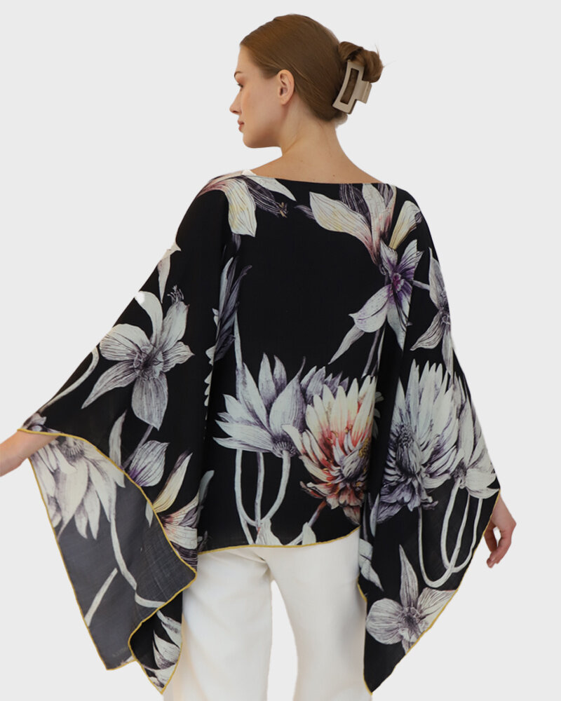 CASHMERE PRINTED PONCHO: DAHLIA: BLACK