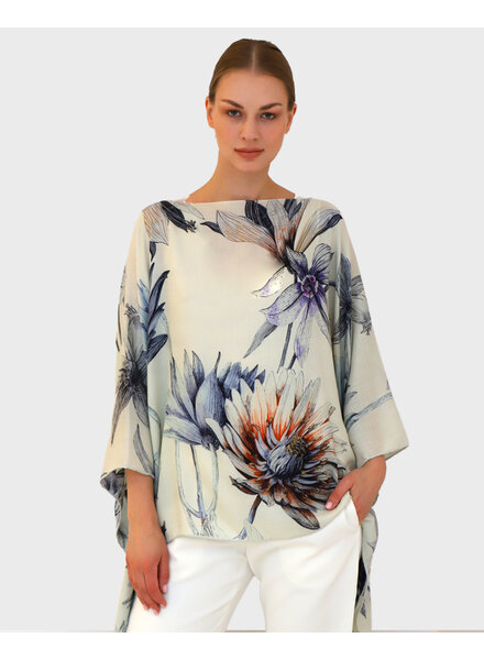 CASHMERE PRINTED PONCHO: DAHLIA: IVORY