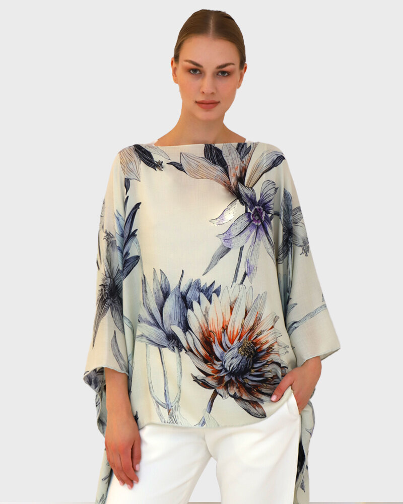 CASHMERE PRINTED PONCHO: DAHLIA: IVORY