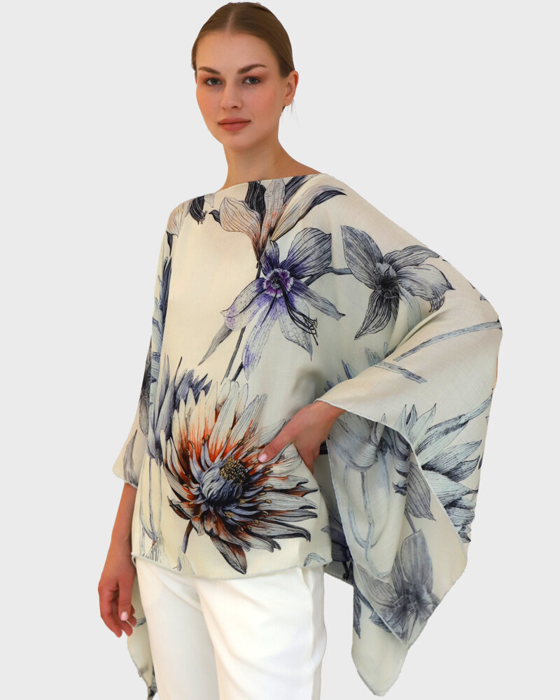 CASHMERE PRINTED PONCHO: DAHLIA: IVORY