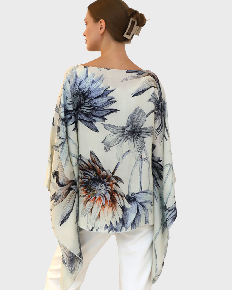 CASHMERE PRINTED PONCHO: DAHLIA: IVORY