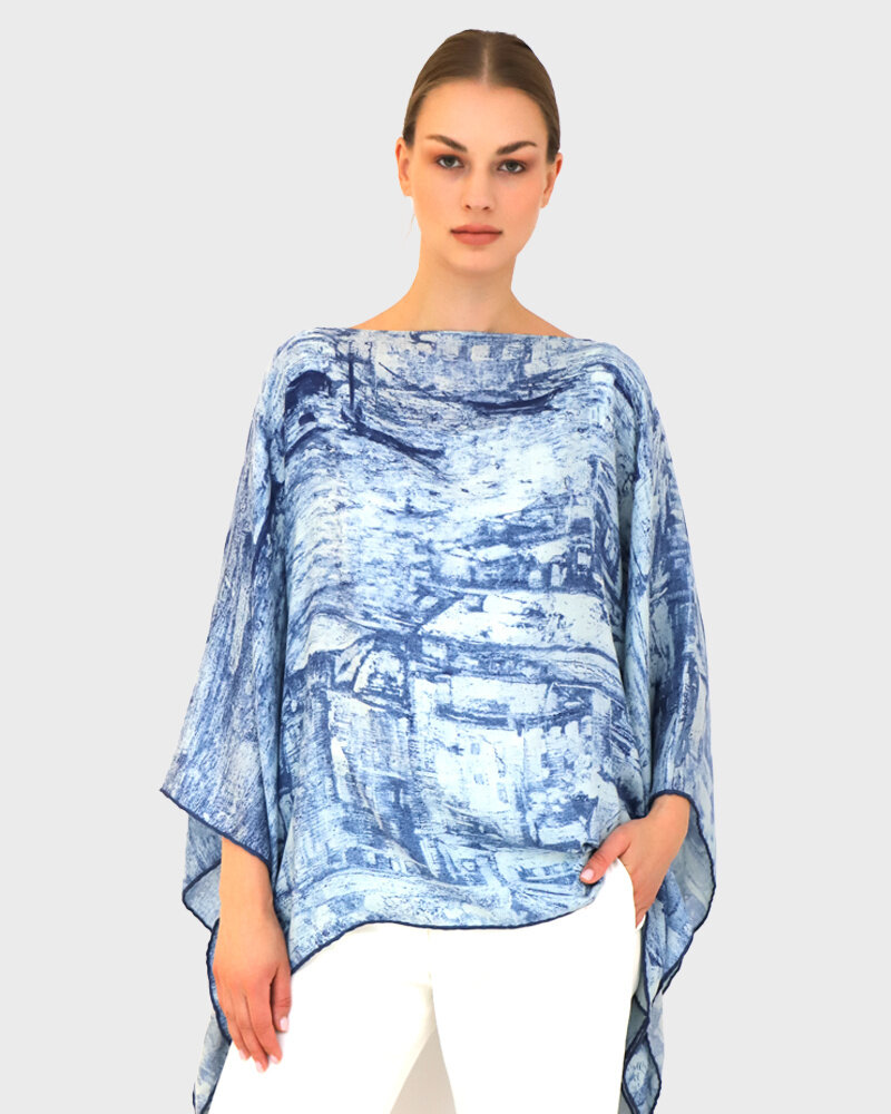 CASHMERE PRINTED PONCHO: VENICE: BLUE