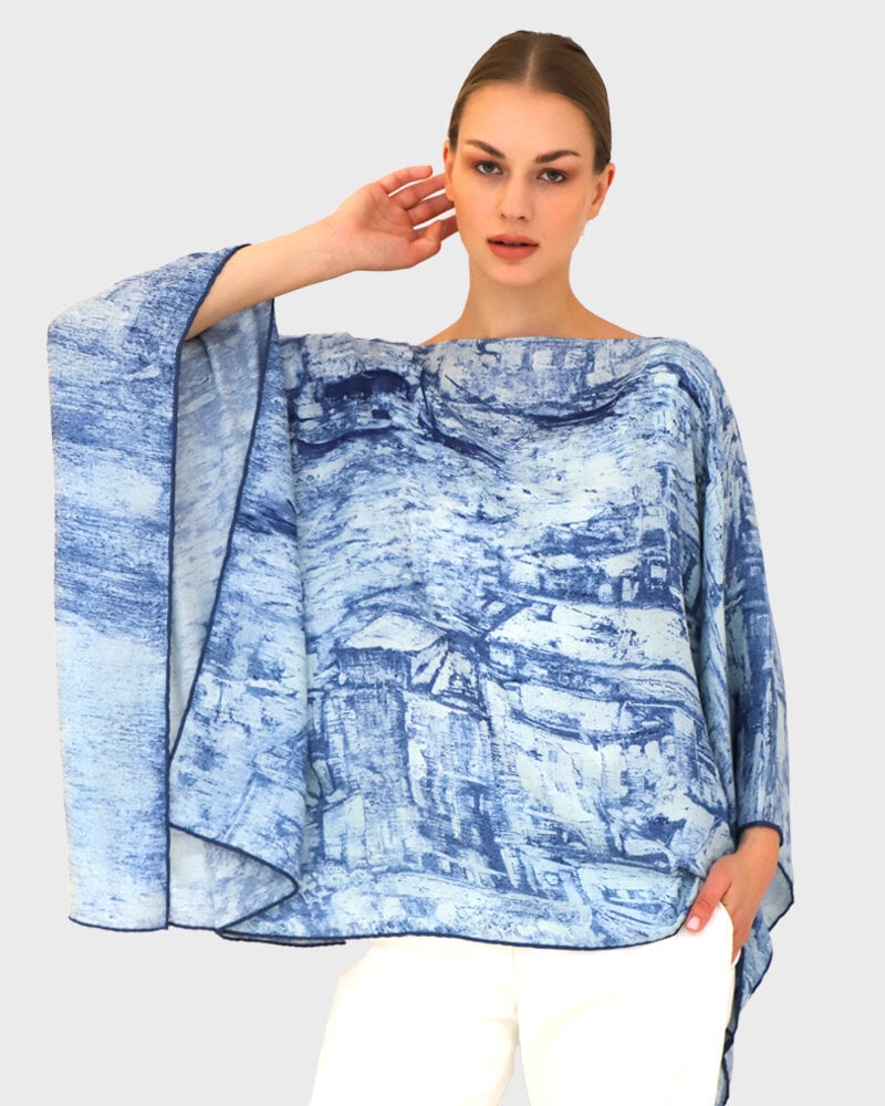 CASHMERE PRINTED PONCHO: VENICE: BLUE