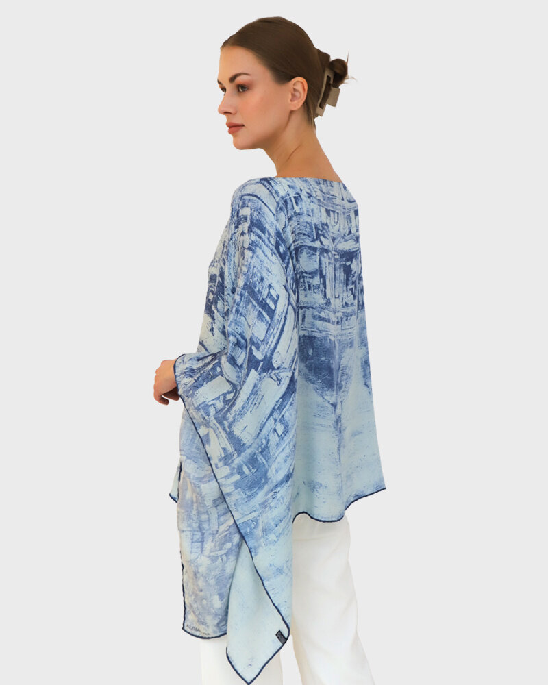CASHMERE PRINTED PONCHO: VENICE: BLUE