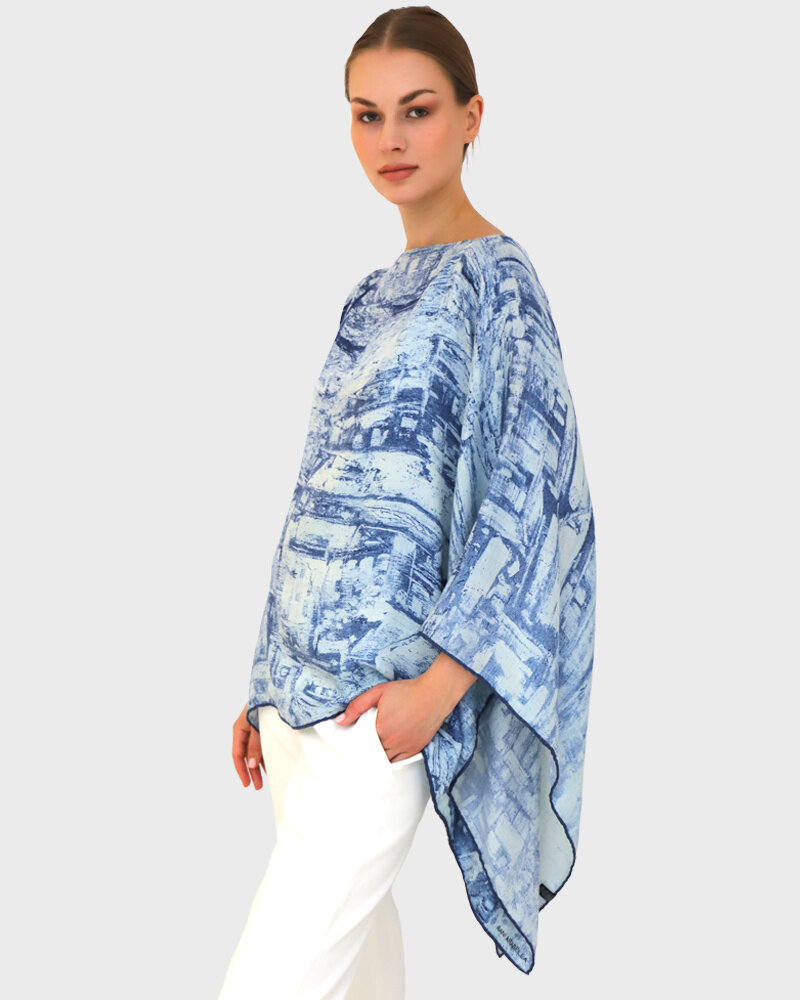 CASHMERE PRINTED PONCHO: VENICE: BLUE
