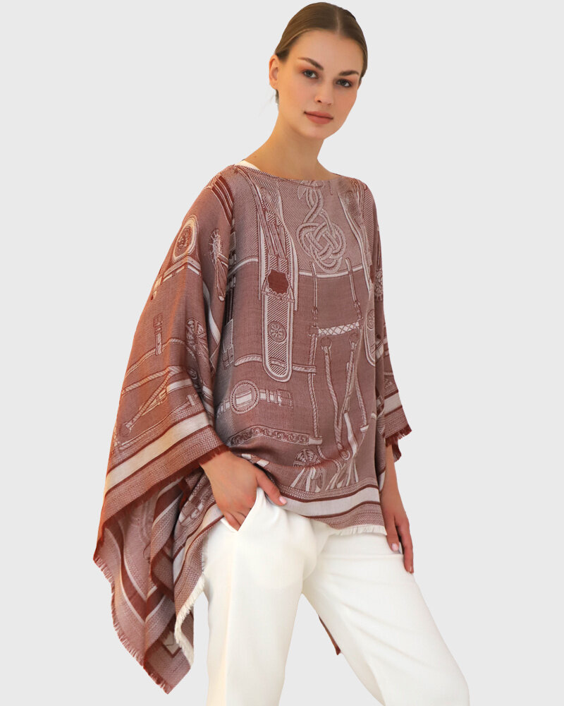 JACQUARD BITS PONCHO: RUST