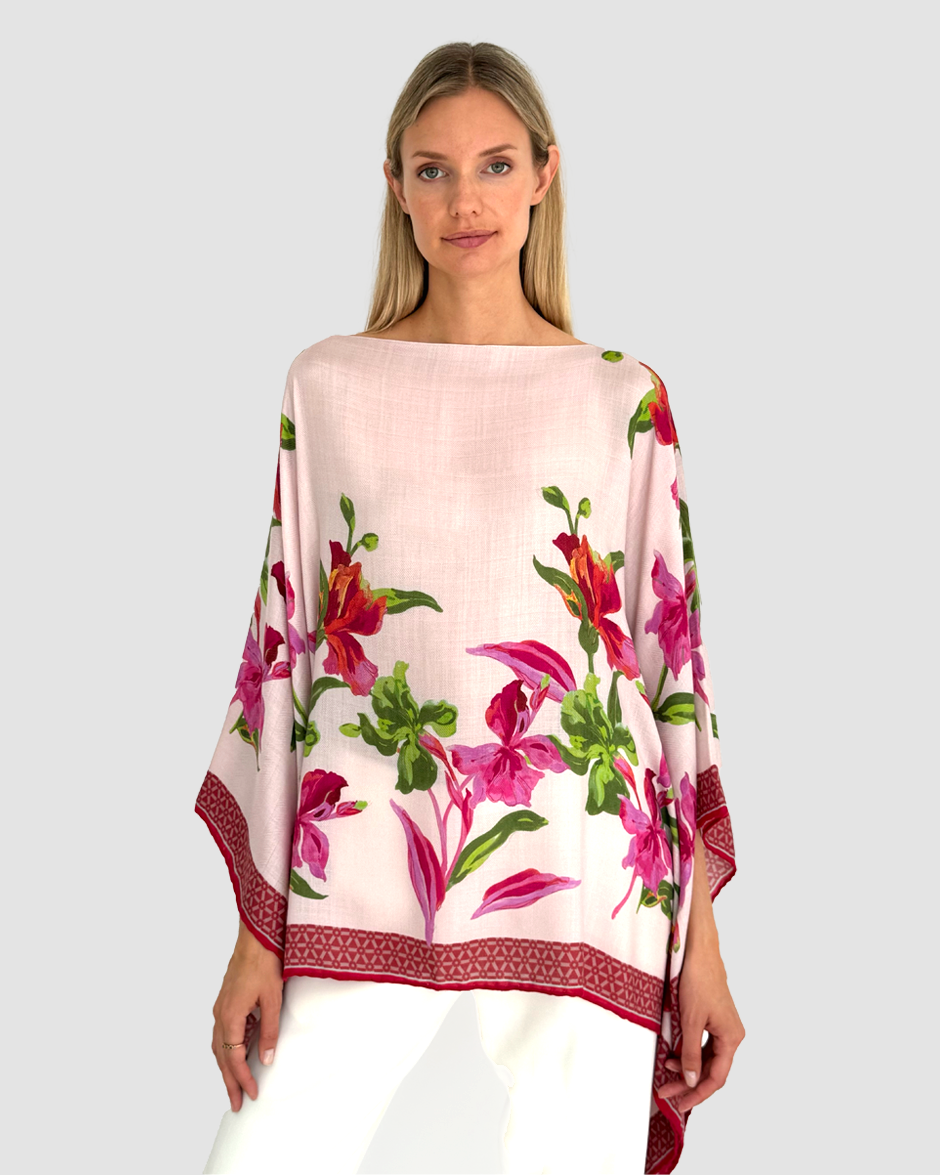 CASHMERE PRINTED PONCHO IRIS PINK