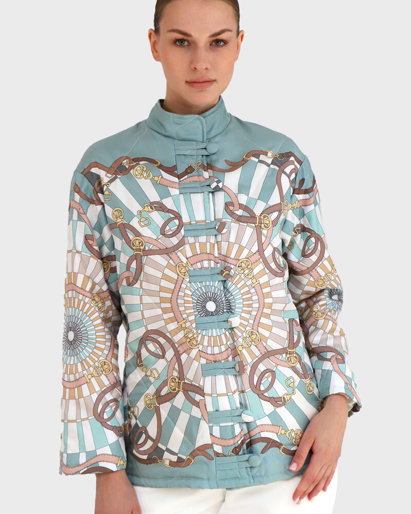 SILK PRINTED QUILTED JACKET WITH KNOT BUTTONS: FIRENZE: GREEN