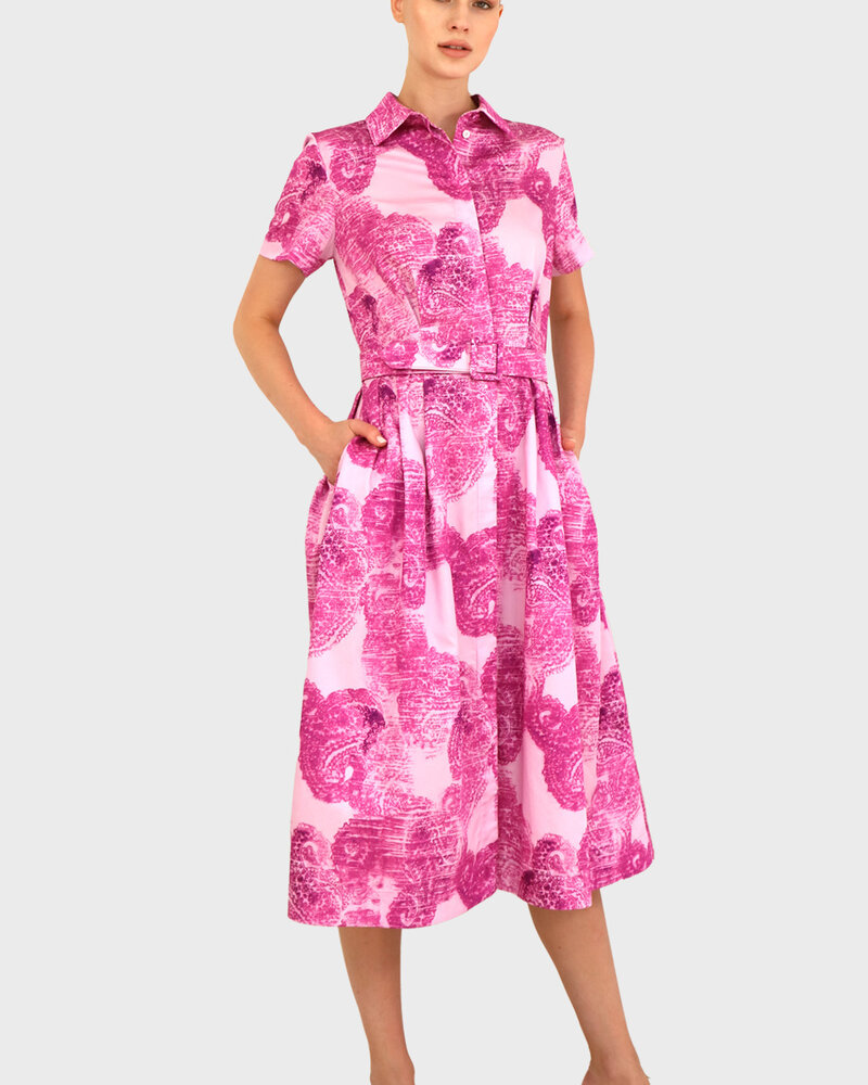COTTON DRESS WITH BELT AND WAIST: BLOCK PAISLEY: PINK