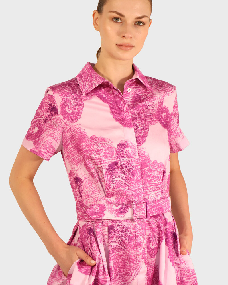 COTTON DRESS WITH BELT AND WAIST: BLOCK PAISLEY: PINK